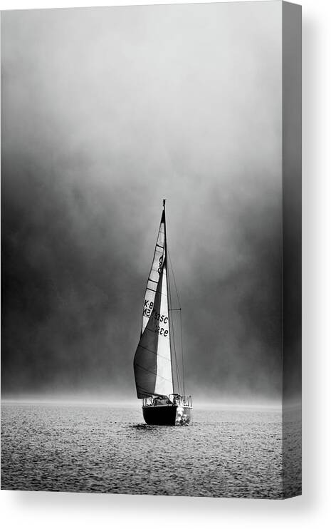 Mist Canvas Print featuring the photograph Mist rising and sail boat, Coniston Water - Portrait by Anita Nicholson