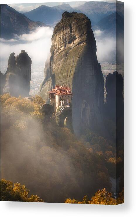Greece Canvas Print featuring the photograph Misty Meteora by Konstantinos Lagos