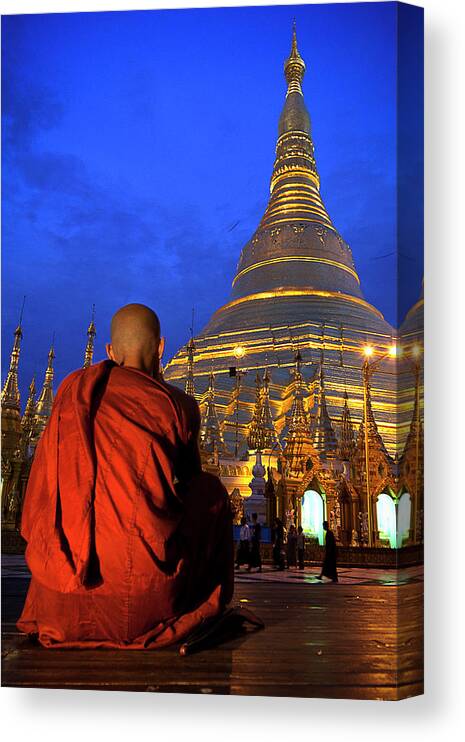 Young Men Canvas Print featuring the photograph Monk In Shwedagon Pagode In Yangon by Daniel Osterkamp