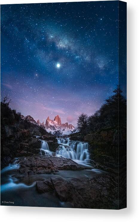 Night;galaxy;mountain;falls;water;sunrise;patagonia;fitzroy;milkyway;stars Canvas Print featuring the photograph Mt. Fitz Roy At Dawn by Chao Feng