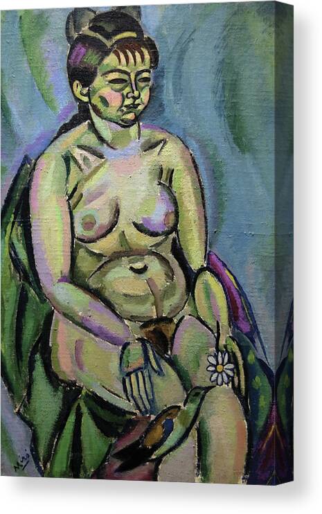 Nude Canvas Print featuring the painting Nude with a Flower by Joan Mir i Ferr