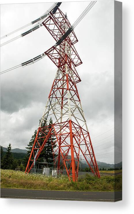Orange And White Transmission Tower Canvas Print featuring the photograph Orange and White Transmission Tower by Tom Cochran