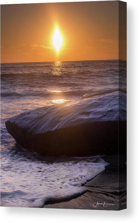 Beach Canvas Print featuring the photograph Orange Skies and Purple Rocks by Aaron Burrows