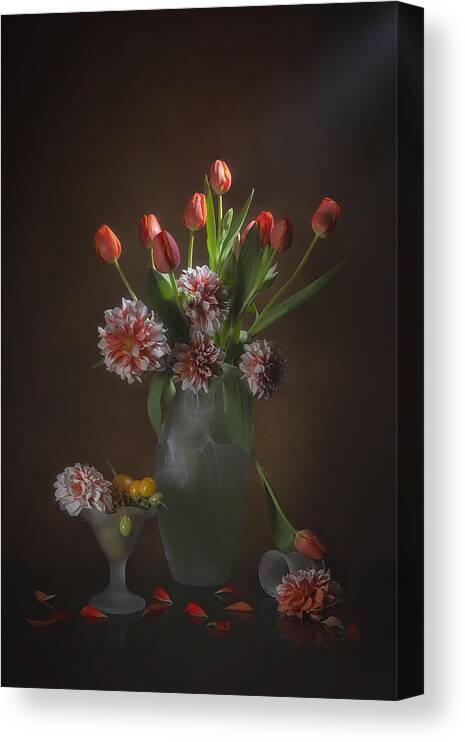 Orange Canvas Print featuring the photograph Orange Tulips And Dahlia by Lydia Jacobs