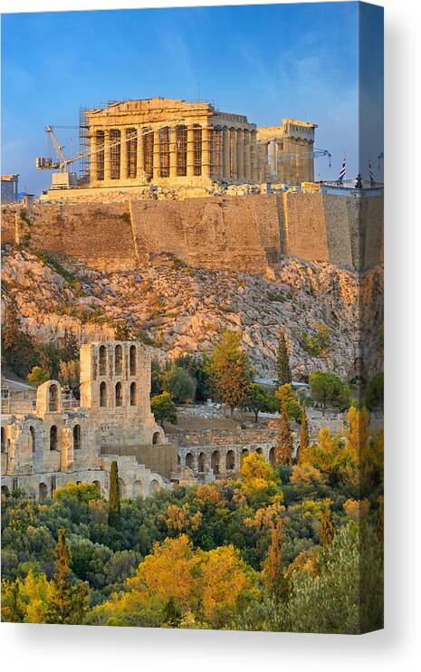 Scenic Canvas Print featuring the photograph Parthenon At Sunset Time, Acropolis by Jan Wlodarczyk