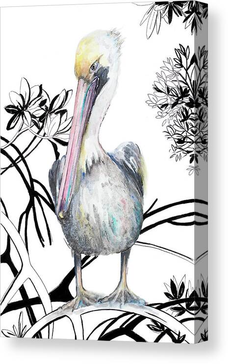 Pelican Canvas Print featuring the painting Pelican On Branch I by Patricia Pinto