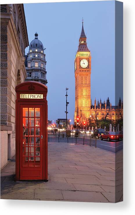 Gothic Style Canvas Print featuring the photograph Picture Of A Red Phone Booth With Big by S. Greg Panosian