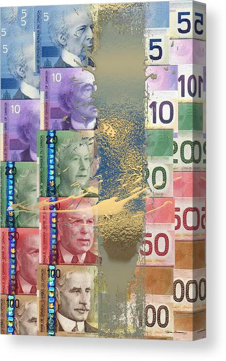 ‘money’ Collection By Serge Averbukh Canvas Print featuring the digital art Pure Gold - Selection of Canadian Paper Currency by Serge Averbukh