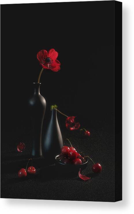 Red Canvas Print featuring the photograph Red Anemone And Cherry by Lydia Jacobs