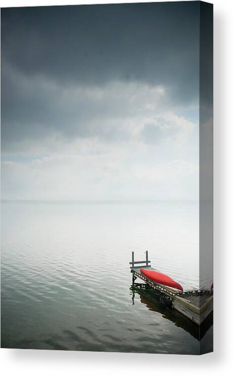 Outdoors Canvas Print featuring the photograph Red Canoe On Dock by Zia Soleil
