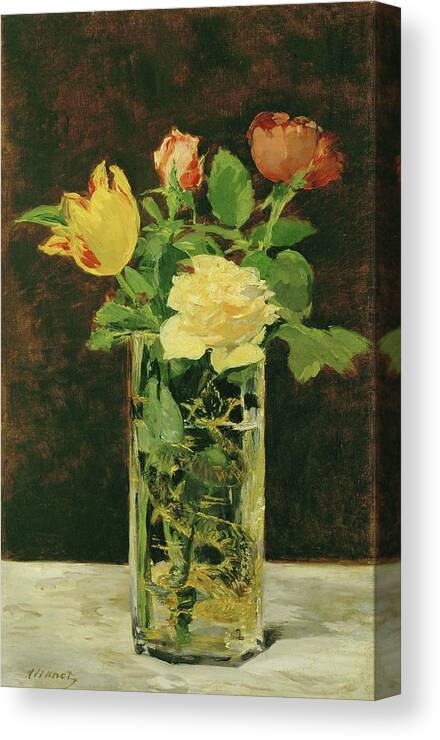 Edouard Manet Canvas Print featuring the painting Rose and Tulip. Oil on canvas -1882- 56 x 36 cm. by Edouard Manet -1832-1883-