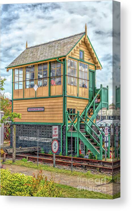 Steam Trains Canvas Print featuring the digital art Sheringham East Signal Box by Linsey Williams