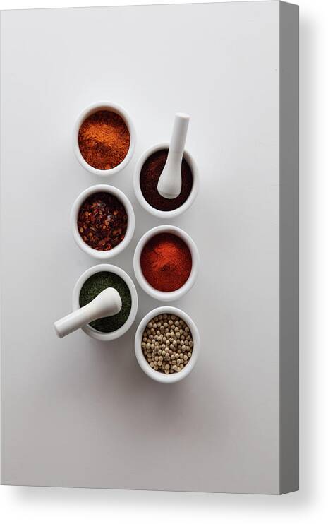 Mortar And Pestle Canvas Print featuring the photograph Spices With Mortars And Pestles by Shana Novak