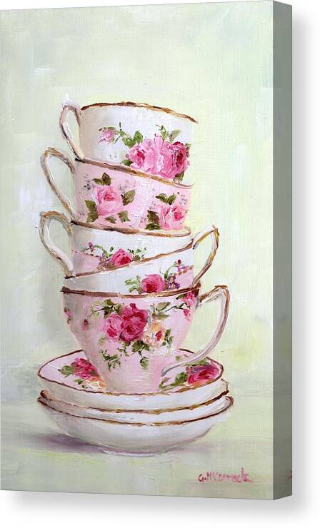 Teacups Canvas Print featuring the painting Stacked Pink Tea Cups by Gail McCormack