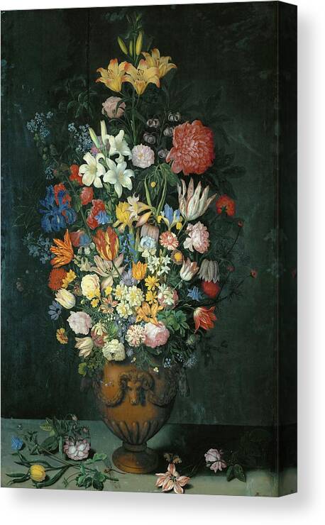 Ambrosius Bosschaert Ii Canvas Print featuring the painting Still-life with flowers in a vase. Canvas, 129 x 85 cm Inv. NM 373. by Ambrosius Bosschaert II -the Elder- Ambrosius Bosschaert II -the Elder-