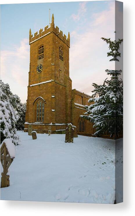 Village Canvas Print featuring the photograph Stone Church in the Snow at Sunset by Mark Hunter