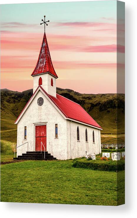 Church Canvas Print featuring the photograph Sunset Chapel of Iceland by David Letts