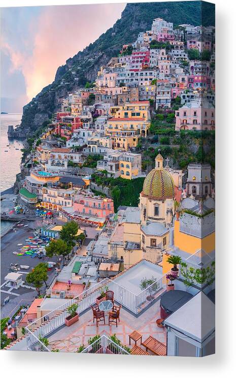 Cities Canvas Print featuring the photograph Sunset In Positano, Amalfi Coast by Ronnybas