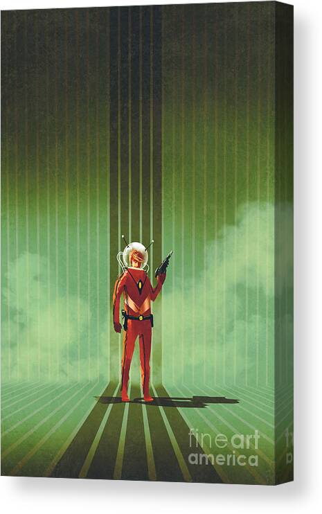 Gun Canvas Print featuring the digital art Super Hero In Red Suit Holding Gun by Tithi Luadthong