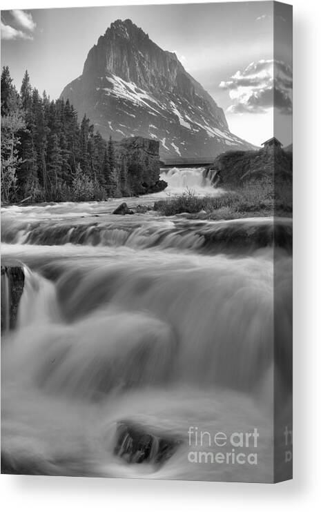 Swift Current Falls Canvas Print featuring the photograph Swiftcurrent Falls Spring SUnset Black And White by Adam Jewell
