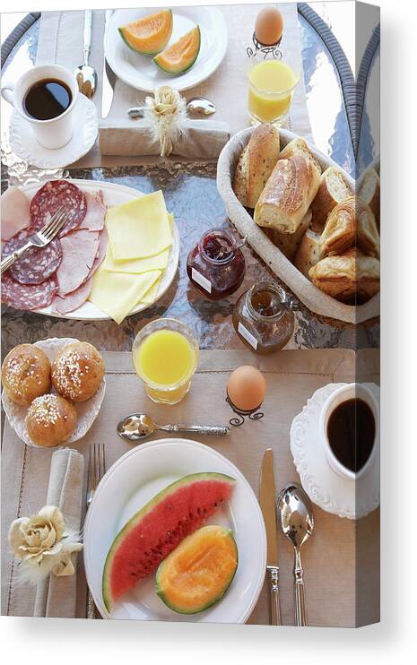 Cantaloupe Canvas Print featuring the photograph Table Laid With Breakfast by Easy Production Cantaloupe Canvas Print featuring the photograph Table Laid With Breakfast by Easy Production