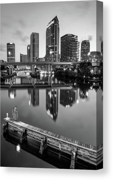 America Canvas Print featuring the photograph Tampa Skyline at Dawn Over The Riverwalk in Monochrome by Gregory Ballos