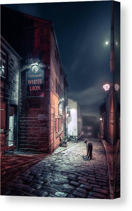 #night #dog #cobbles #night #street #building #moon #wet #pub #lane Streetlamp #hounddog #hound #orange Canvas Print featuring the photograph The Hound Of The Wet Stone Setts by Francis Wilson