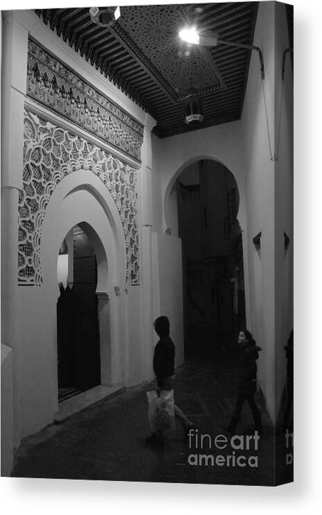 Night Shot Canvas Print featuring the photograph The path to the temple - black and white by Yavor Mihaylov