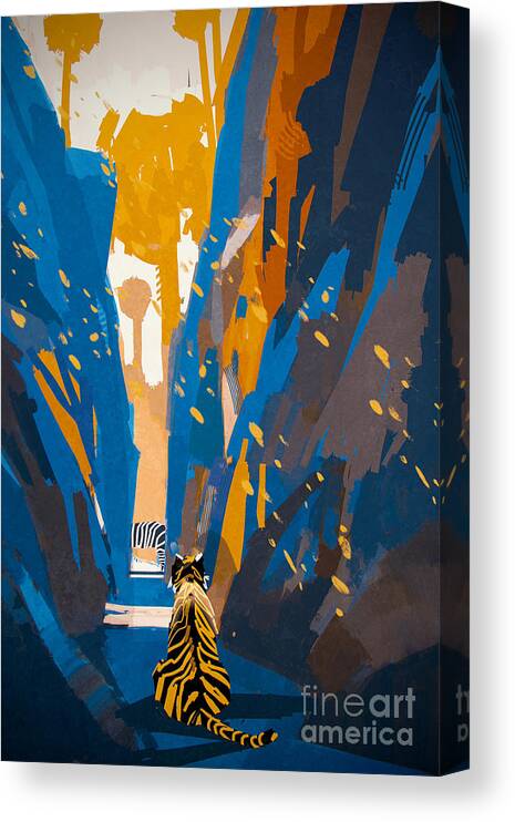 Color Canvas Print featuring the digital art Tiger Stalking In Narrow Rock by Tithi Luadthong