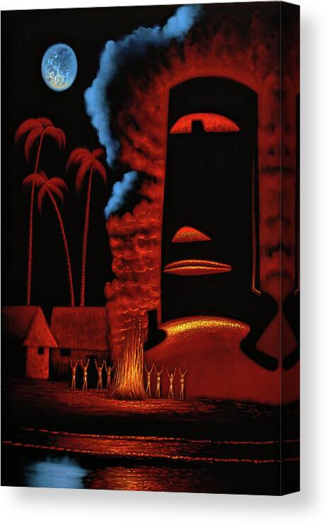 Googie Canvas Print featuring the painting Tiki totem native tribal Bonfire with moon Mondo Moai and the midnight revival after Robb Hamel #R53 by Arturo Ramirez
