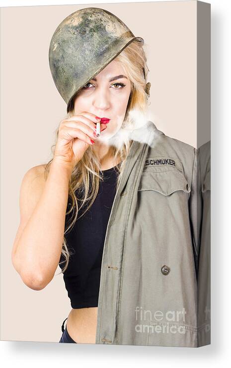 Military Canvas Print featuring the photograph Tough and determined female pin-up soldier smoking by Jorgo Photography