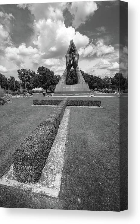 America Canvas Print featuring the photograph Tulsa Praying Hands and Cross Landscape - Oral Roberts University - Black and White by Gregory Ballos
