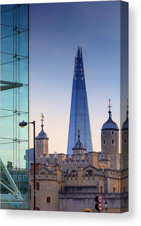 Estock Canvas Print featuring the digital art United Kingdom, England, London, Great Britain, London Borough Of Tower Hamlets, Tower Of London With The Shard In The Background by Maurizio Rellini