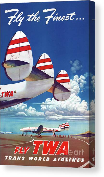 Twa Canvas Print featuring the drawing Fly the Finest... Fly TWA USA Vintage Travel Poster by Vintage Treasure