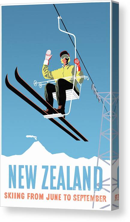 Vintage Canvas Print featuring the drawing New Zealand Vintage Travel Poster Skiing Restored by Vintage Treasure