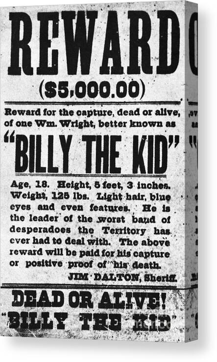 Government Canvas Print featuring the photograph Wanted Poster For Billy The Kid by Bettmann