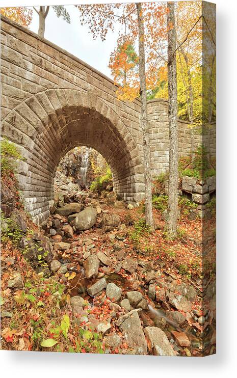 Scenics Canvas Print featuring the photograph Waterfall Bridge, Autumn, Acadia by Picturelake