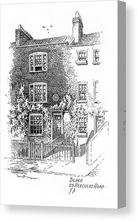 Engraving Canvas Print featuring the drawing William Blakes House, 23 Hercules Road by Print Collector