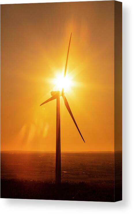 Sunset Canvas Print featuring the photograph Wind Turbines On Field During Sunset by Cavan Images