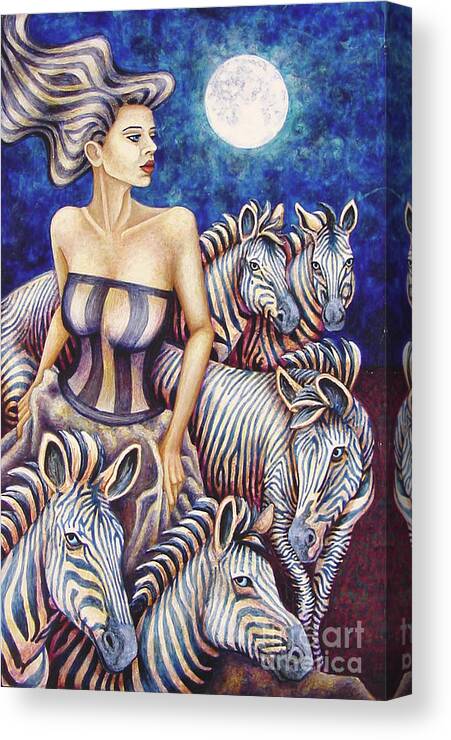 Animal Canvas Print featuring the painting Zebra Moon by Amy E Fraser