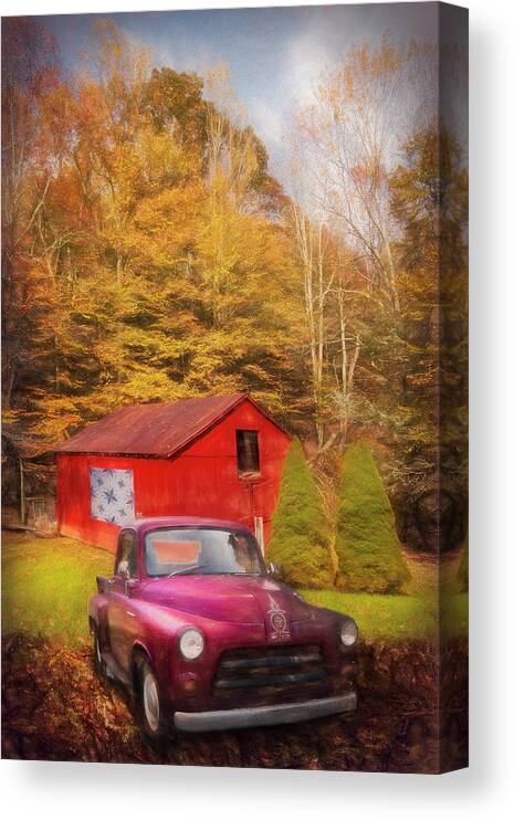 Truck Canvas Print featuring the photograph Red Quilt Barn and Truck along the Creeper Trail Damascus Virgin #1 by Debra and Dave Vanderlaan