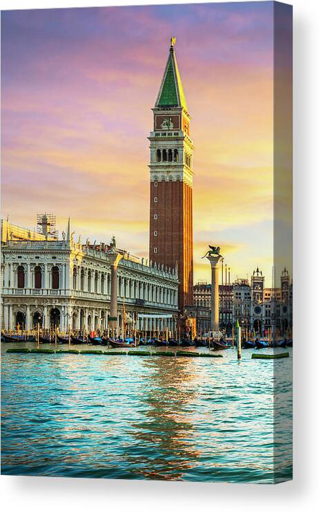 Venice Canvas Print featuring the photograph Venice landmark at dawn, Piazza San Marco with Campanile and Dog #1 by Stefano Orazzini