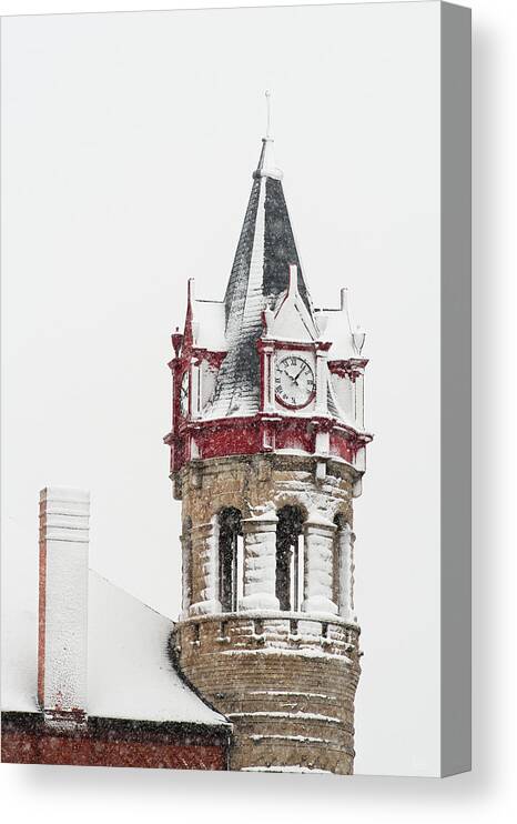 Stoughton Canvas Print featuring the photograph 100 percent Chance of Snow at 10AM -  - Stoughton Opera House clock tower in snowstorm by Peter Herman