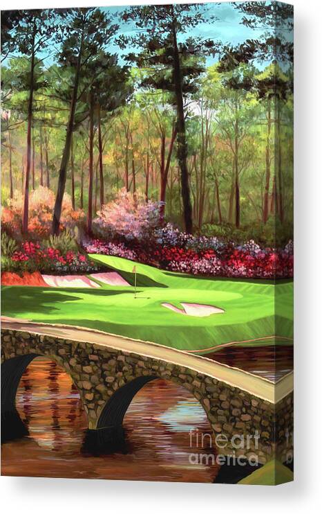 12th Hole Golden Bell Augusta National Golf Club Bridges Canvas Print featuring the painting 12th hole golden bell augusta national golf club bridges V by Tim Gilliland