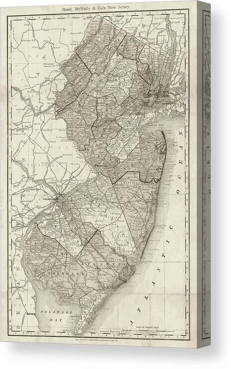 New Jersey Canvas Print featuring the photograph 1890 Historical New Jersey Map in Sepia by Toby McGuire