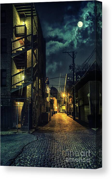 Alley Night Street City Urban Alleyway Dark Scary Light Garbage Back Road Crime Scene Spooky Brick Vintage Empty Wall Grunge Noir Cobblestone Moon Canvas Print featuring the photograph Moonlit Vintage Chicago Alley by Bruno Passigatti