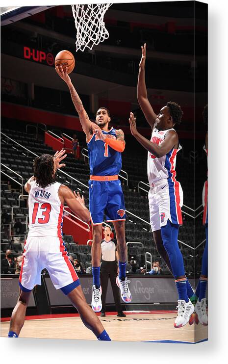 Obi Toppin Canvas Print featuring the photograph New York Knicks v Detroit Pistons #2 by Chris Schwegler