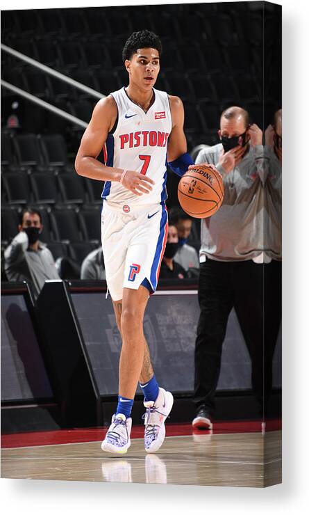 Killian Hayes Canvas Print featuring the photograph New York Knicks v Detroit Pistons #3 by Chris Schwegler