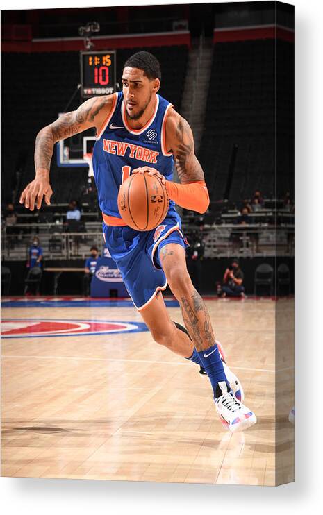 Obi Toppin Canvas Print featuring the photograph New York Knicks v Detroit Pistons by Chris Schwegler