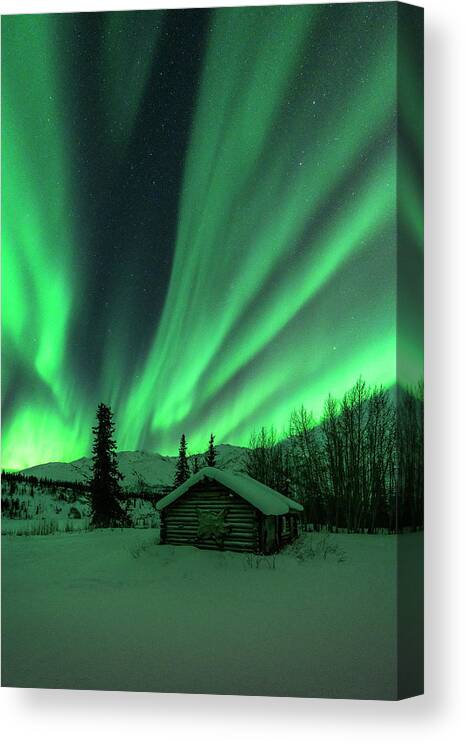Aurora Canvas Print featuring the photograph A Cabin in the Lights by Laura Hedien